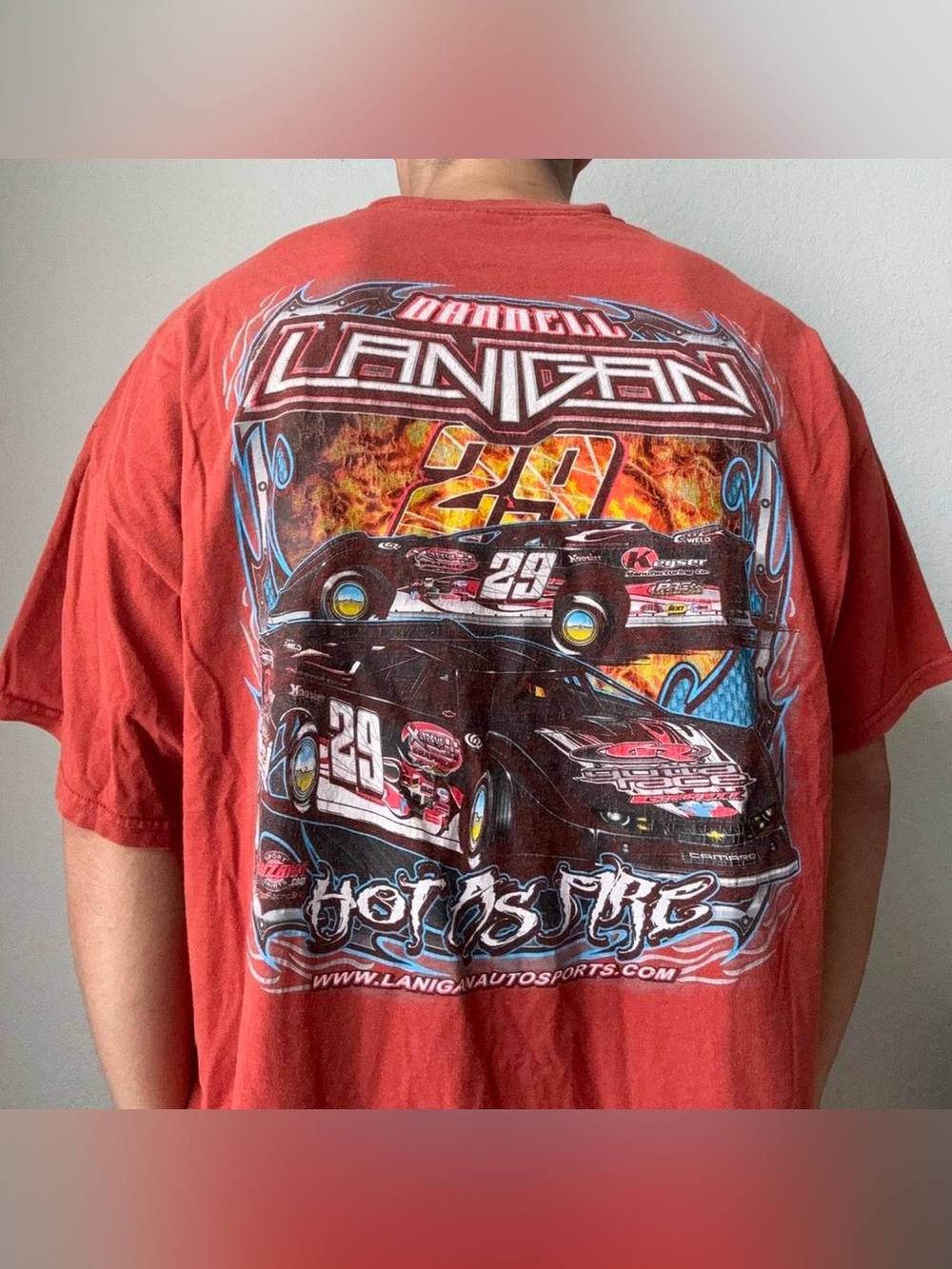 Vintage Darrell Lanigan "Hot as Fire" Racing AOP Graphics Orange Tee Shirt